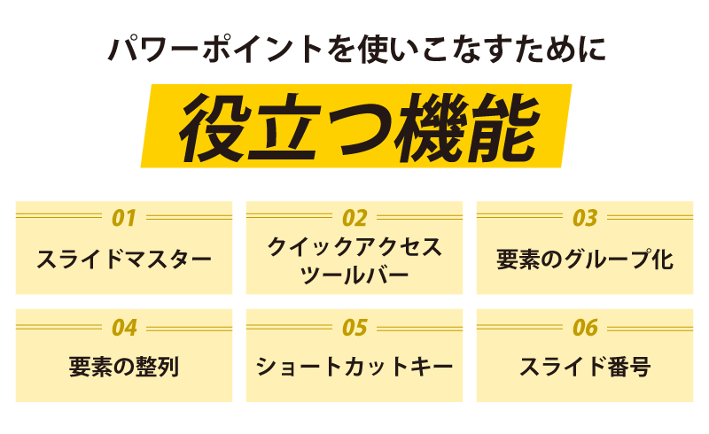 01. スライドマスター
02. クイックアクセスツールバー
03. 要素のグループ化
04. 要素の整列
05. ショートカットキー
06. スライド番号